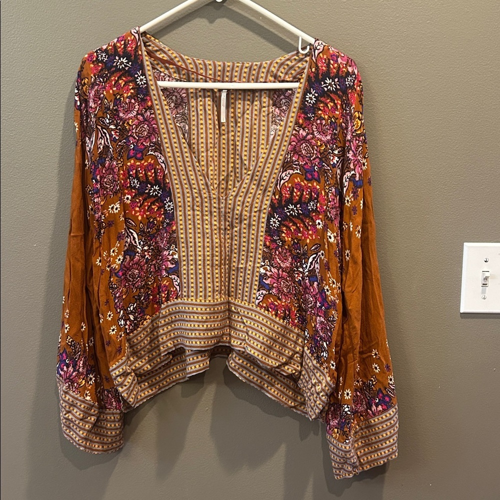 Free People Womens Rust Brown Mix N Match Floral Cropped Blouse Top size XS - Picture 4 of 6